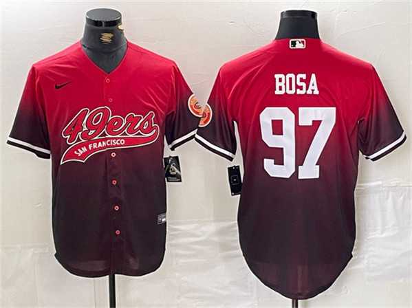 Men%27s San Francisco 49ers #97 Nick Bosa Red Black With Patch Cool Base Baseball Stitched Jersey